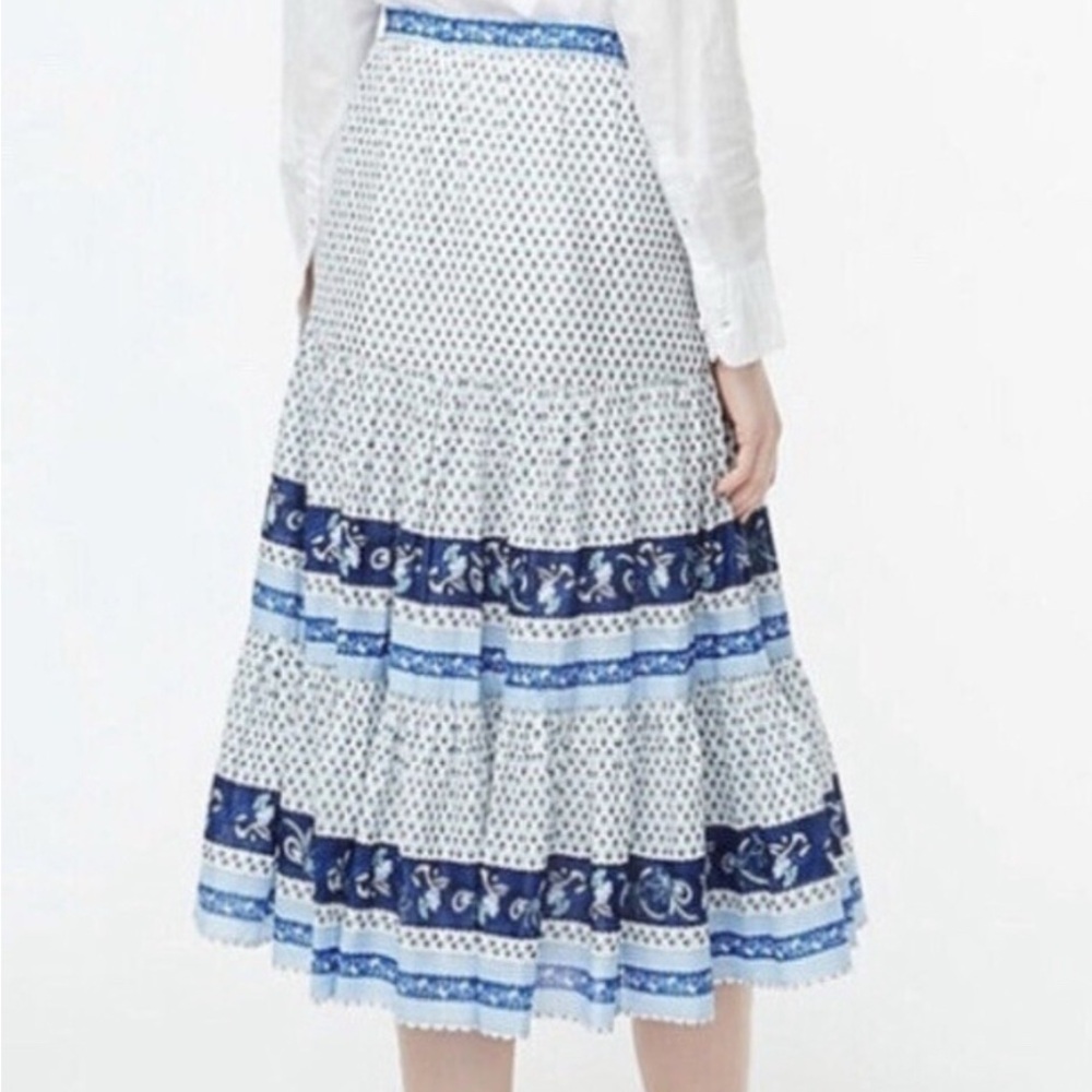 New J.Crew Tiered Cotton Midi Skirt in Blue Ribbon Block Print XXS XS